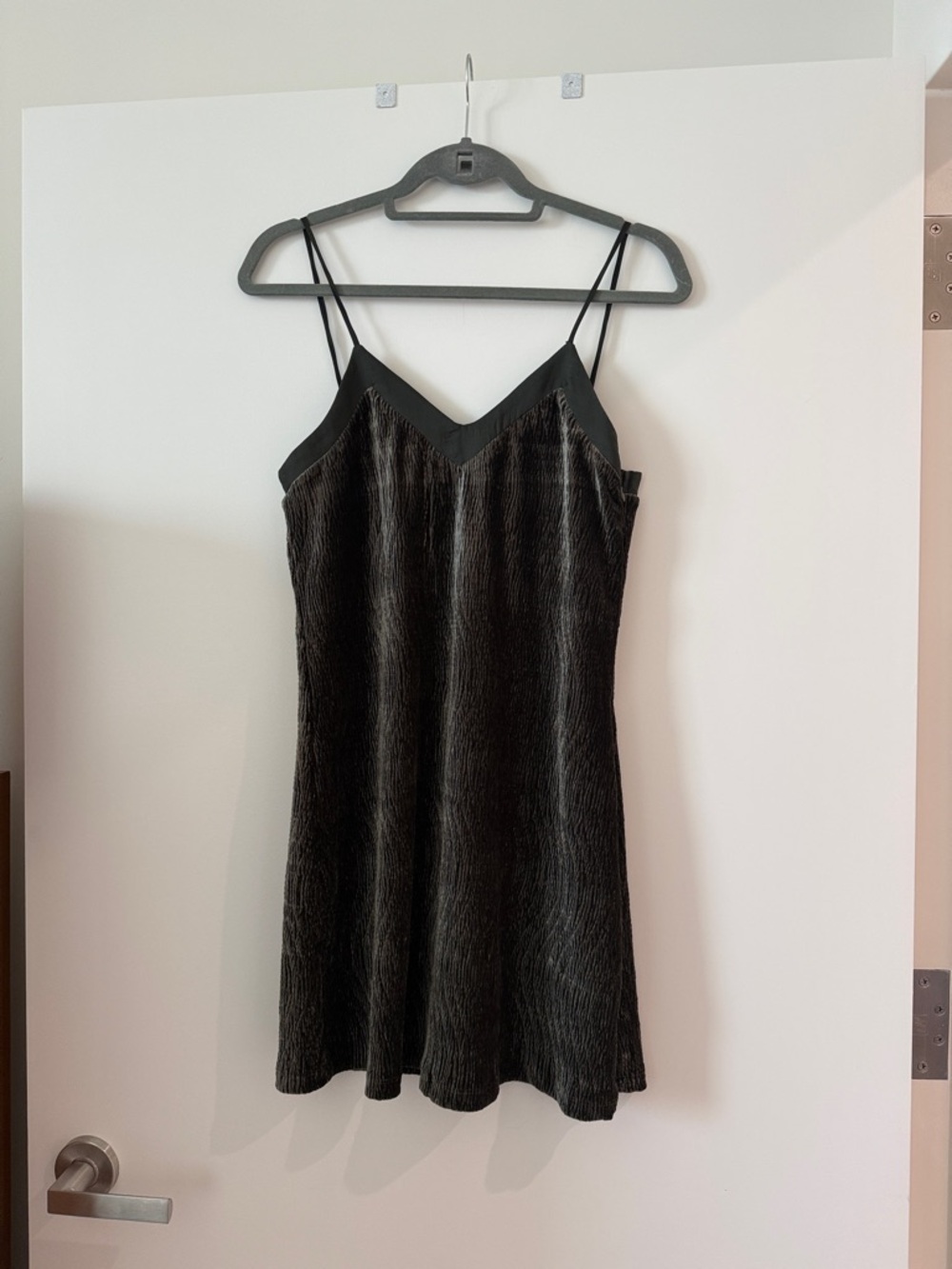Dark Olive Green Textured Velvet Slip Dress with V-Neck and Thin Straps
